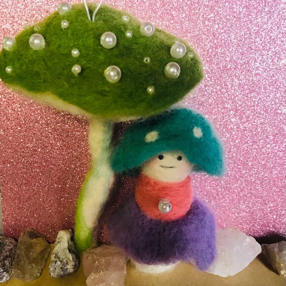 Handmade Needle Felted Soft Sculpture Mushroom Ornament - Picture 3 of 9